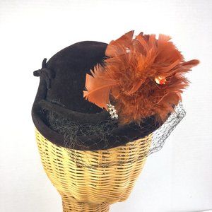 Vintage Brown Felt Hat with Feather and Rhinestone Accents